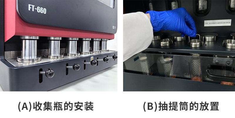 (a)收集瓶的安装；(b)抽提筒的放置